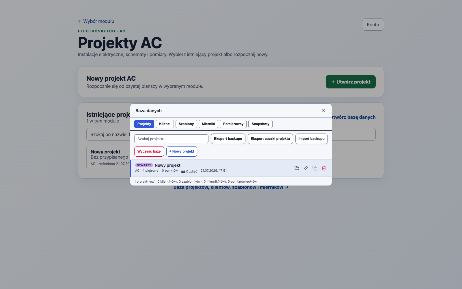 Aktualna baza danych ElectroSketch z projektami, klientami, szablonami, miernikami i pomiarowcami